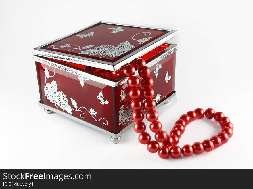 Glass casket with pearls on white