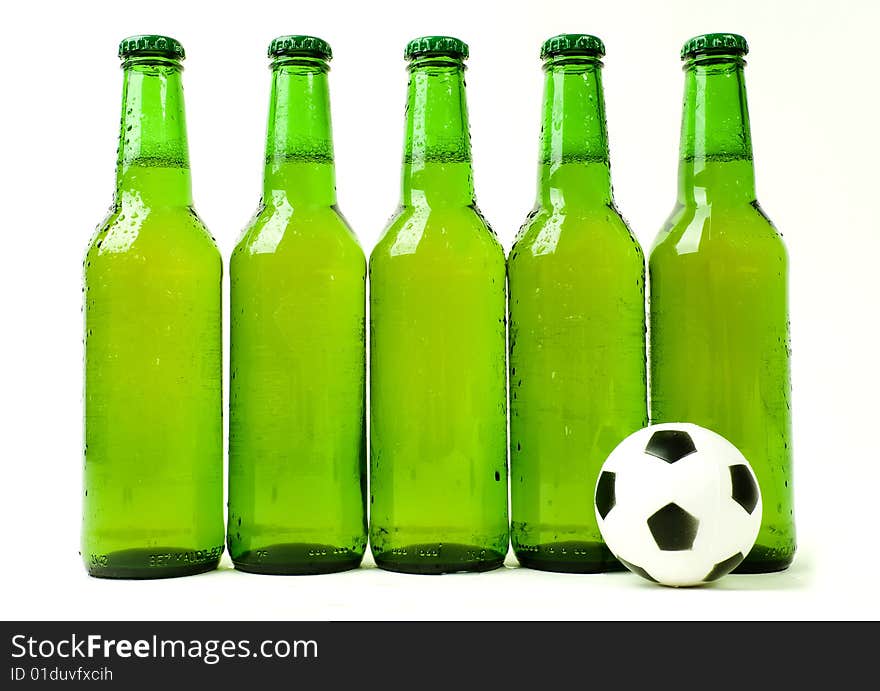 Bottles of fresh, cold beer with soccer ball. Bottles of fresh, cold beer with soccer ball