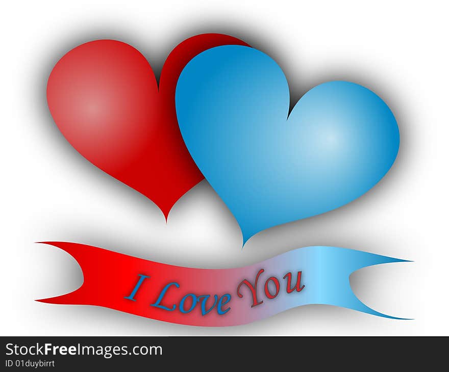 Two (red and blue) hearts on white background. Two (red and blue) hearts on white background.