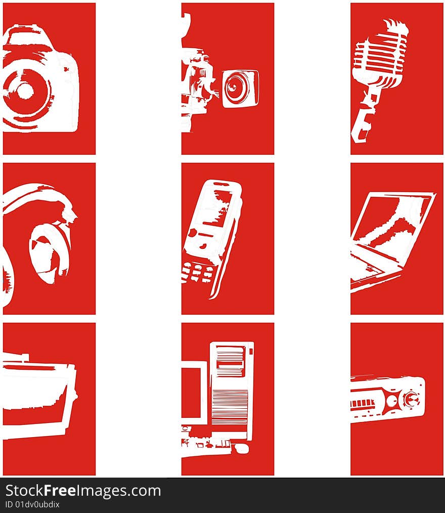 Set of 9 icons showing electronic devices on a red background. Set of 9 icons showing electronic devices on a red background