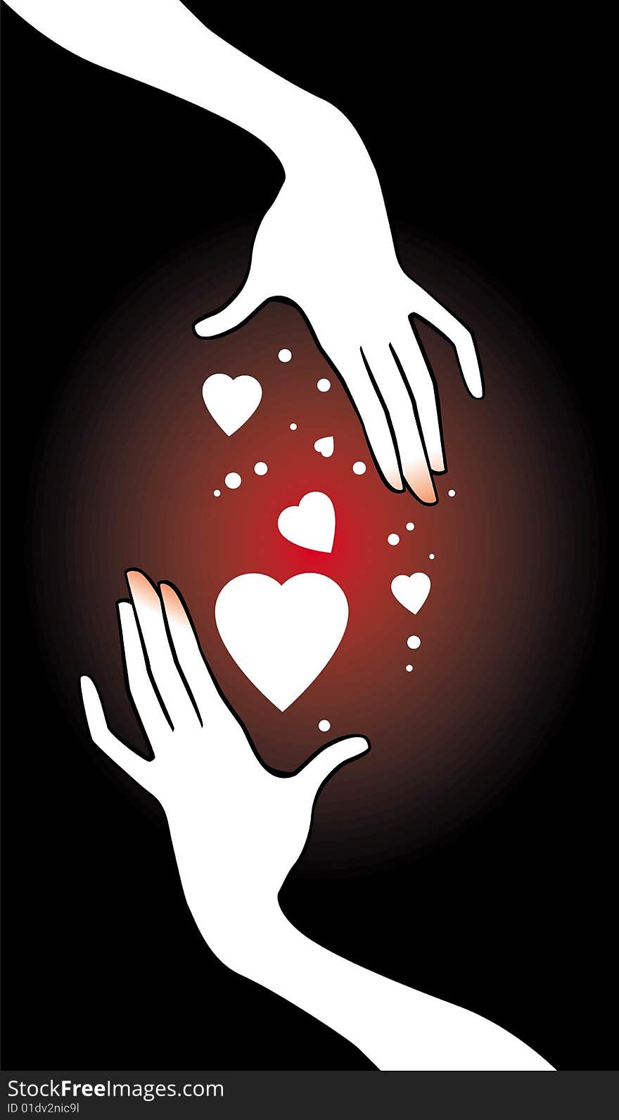 Hands and white hearts on a black background