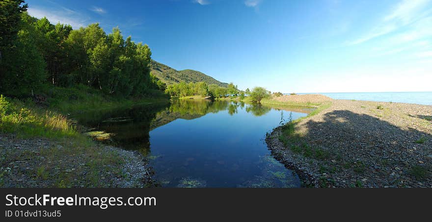 A small lake in front of a large one