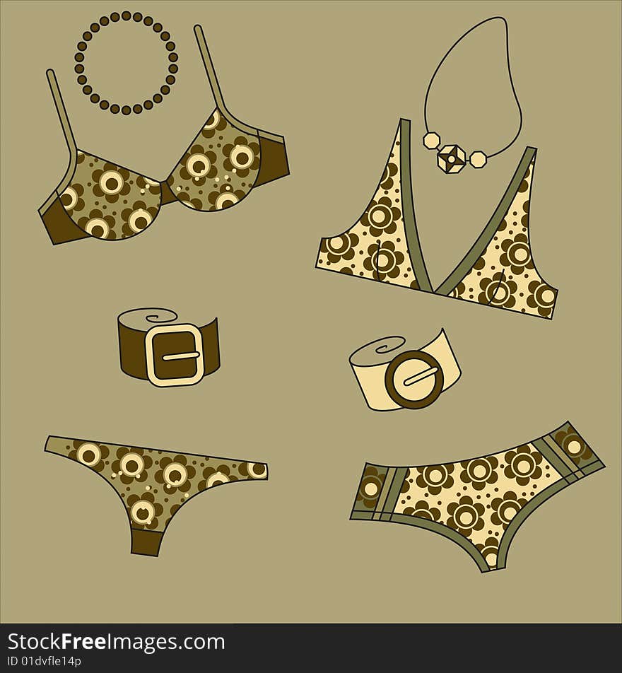 Set of vector fashion swimwear and accessories. Set of vector fashion swimwear and accessories