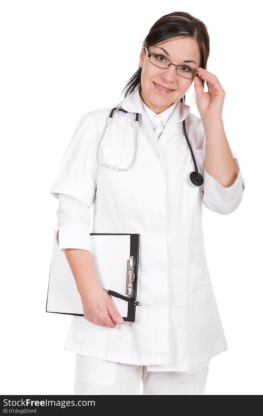 Attractive female doctor isolated over white background