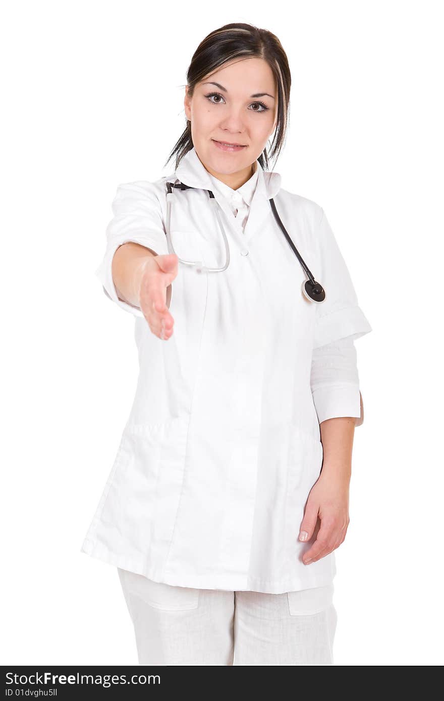 Attractive female doctor isolated over white background