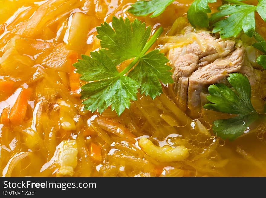 Closeup shot of the meat soup