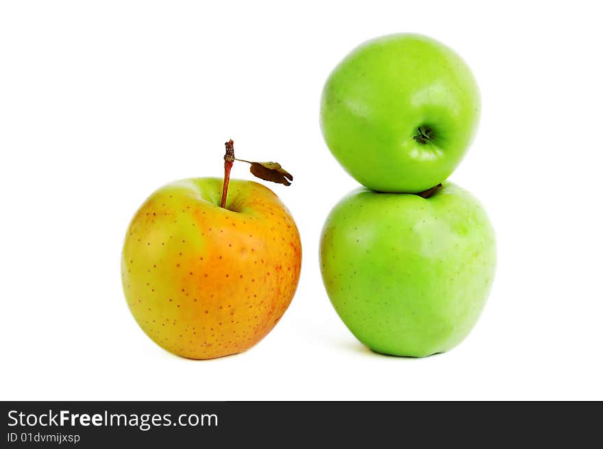 Column green apples and red one isolated on white