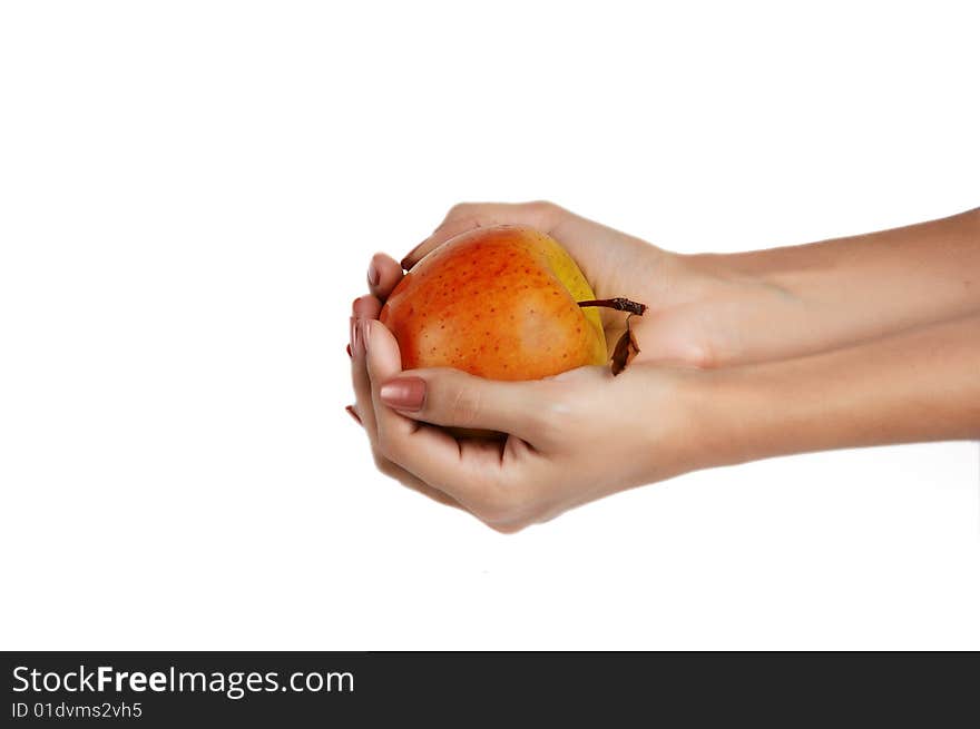 Isolated fruit fresh apple in hands. Isolated fruit fresh apple in hands