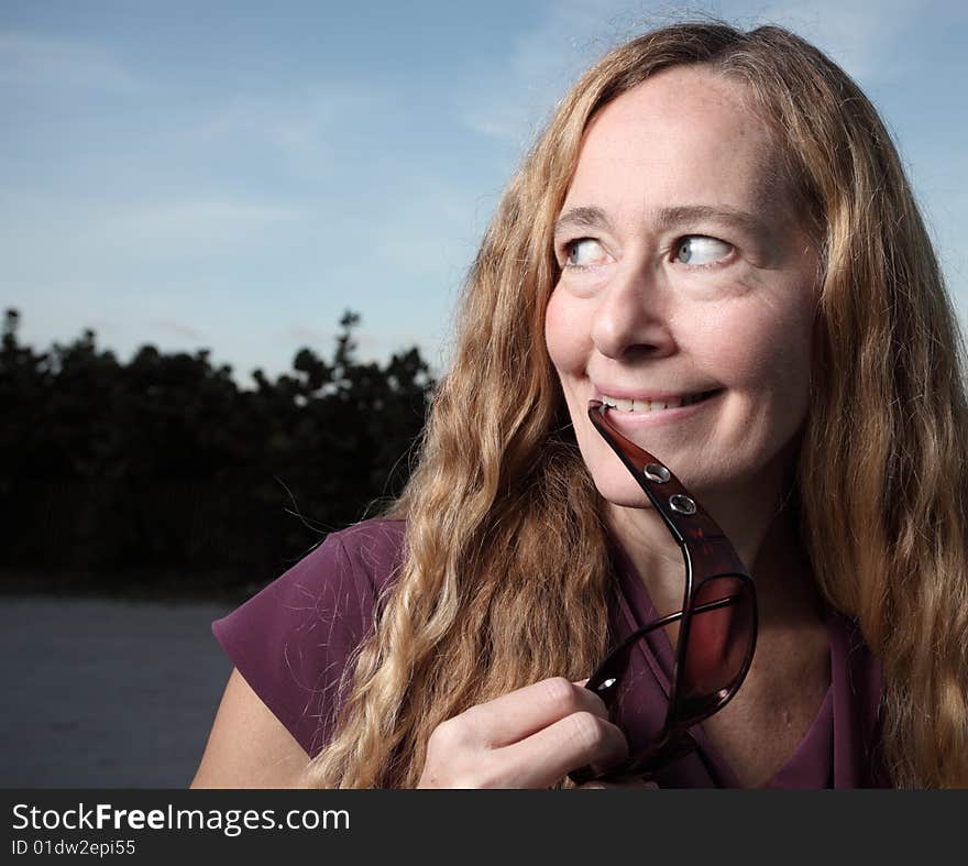 Woman glancing and smiling