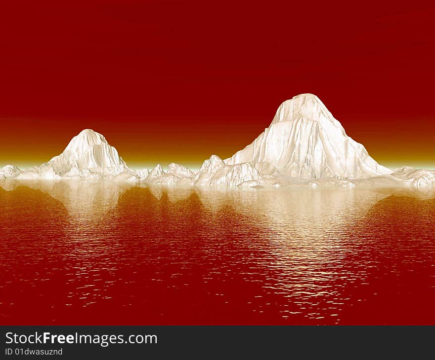 The big icebergs on  the open ocean - 3d landscape scene.