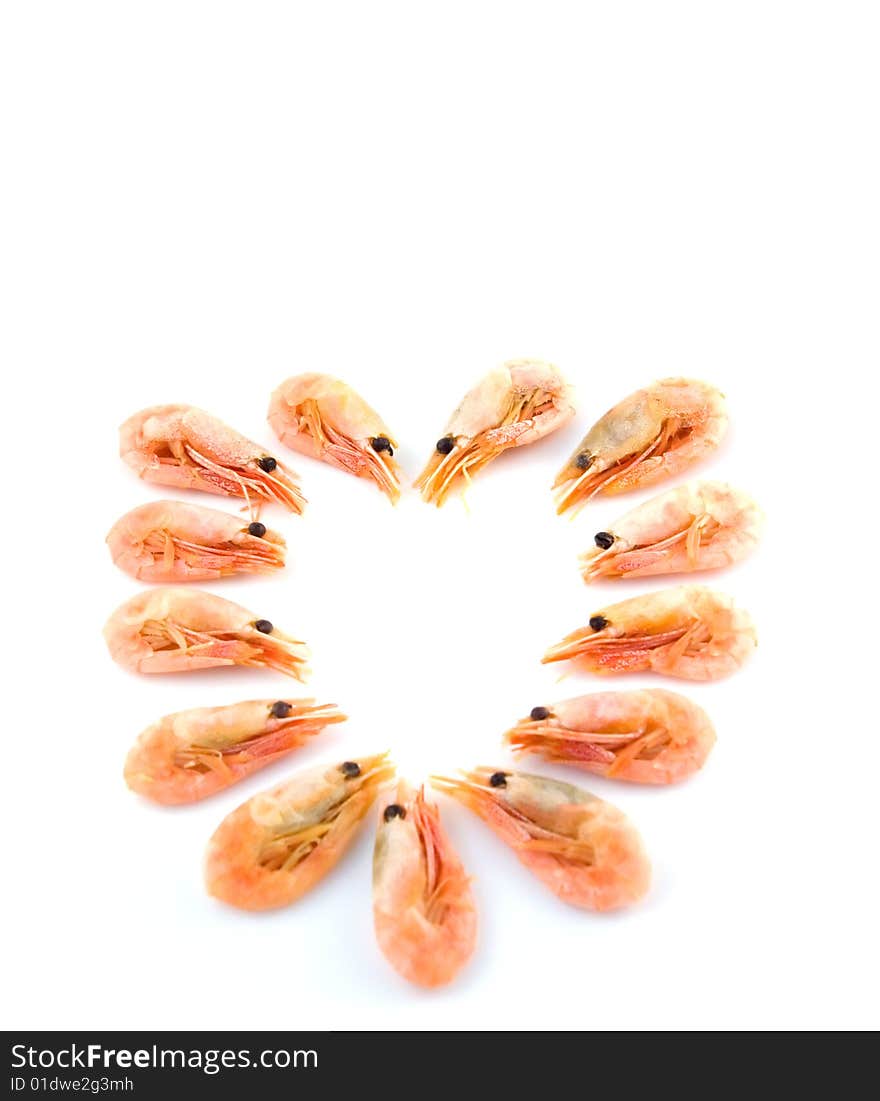 Beautiful boiled shrimps in the form of heart. Beautiful boiled shrimps in the form of heart