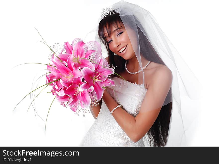 Young bride with bouquet of lilys on a white background