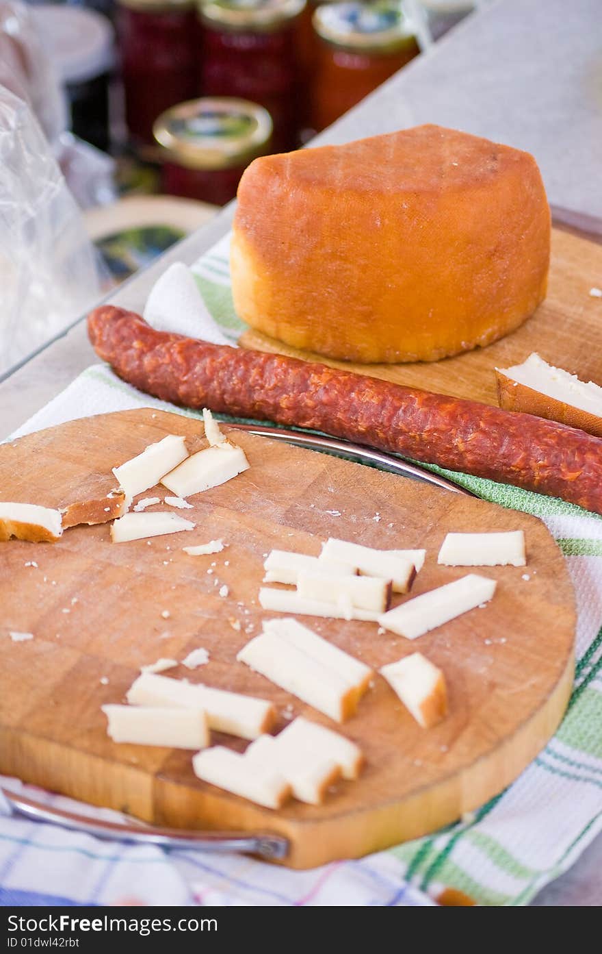 Traditional croatian sausage and goat milk cheese. Traditional croatian sausage and goat milk cheese