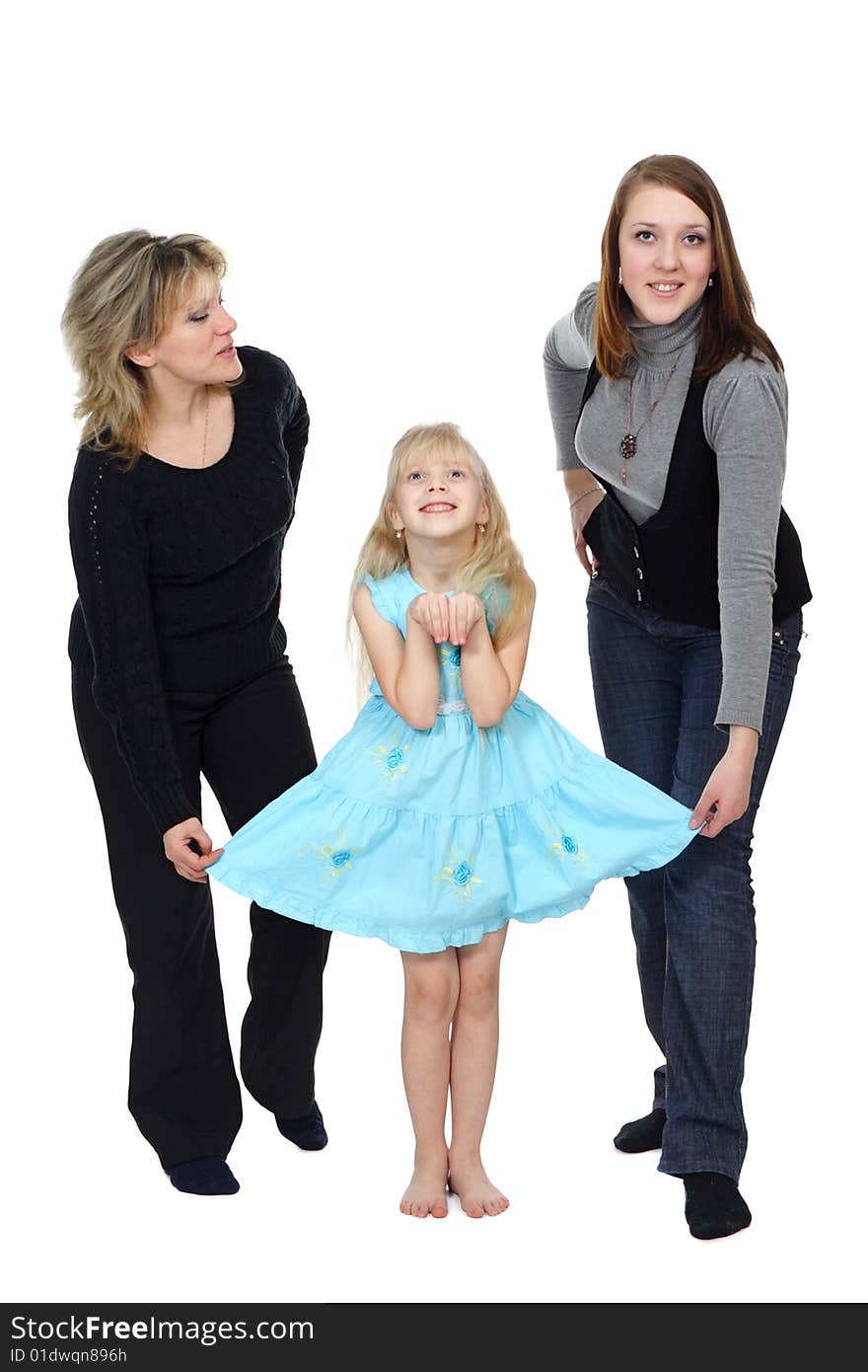 The woman,  girl and child isolated on a white background. The woman,  girl and child isolated on a white background