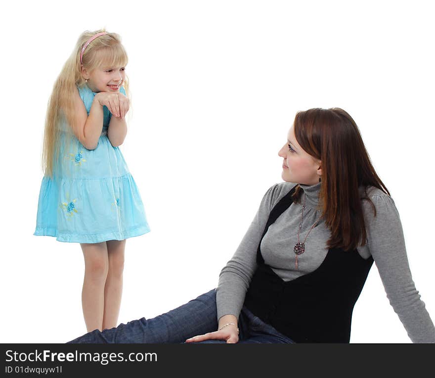 The young woman and  girl are isolated on a white background