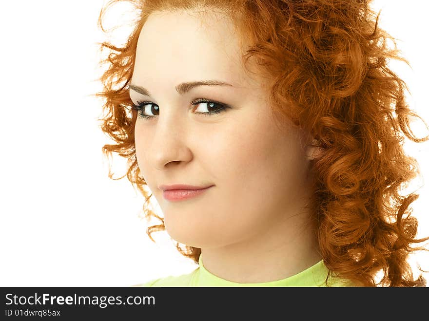 Charming young woman with beautiful curly ginger hair against white background. Charming young woman with beautiful curly ginger hair against white background