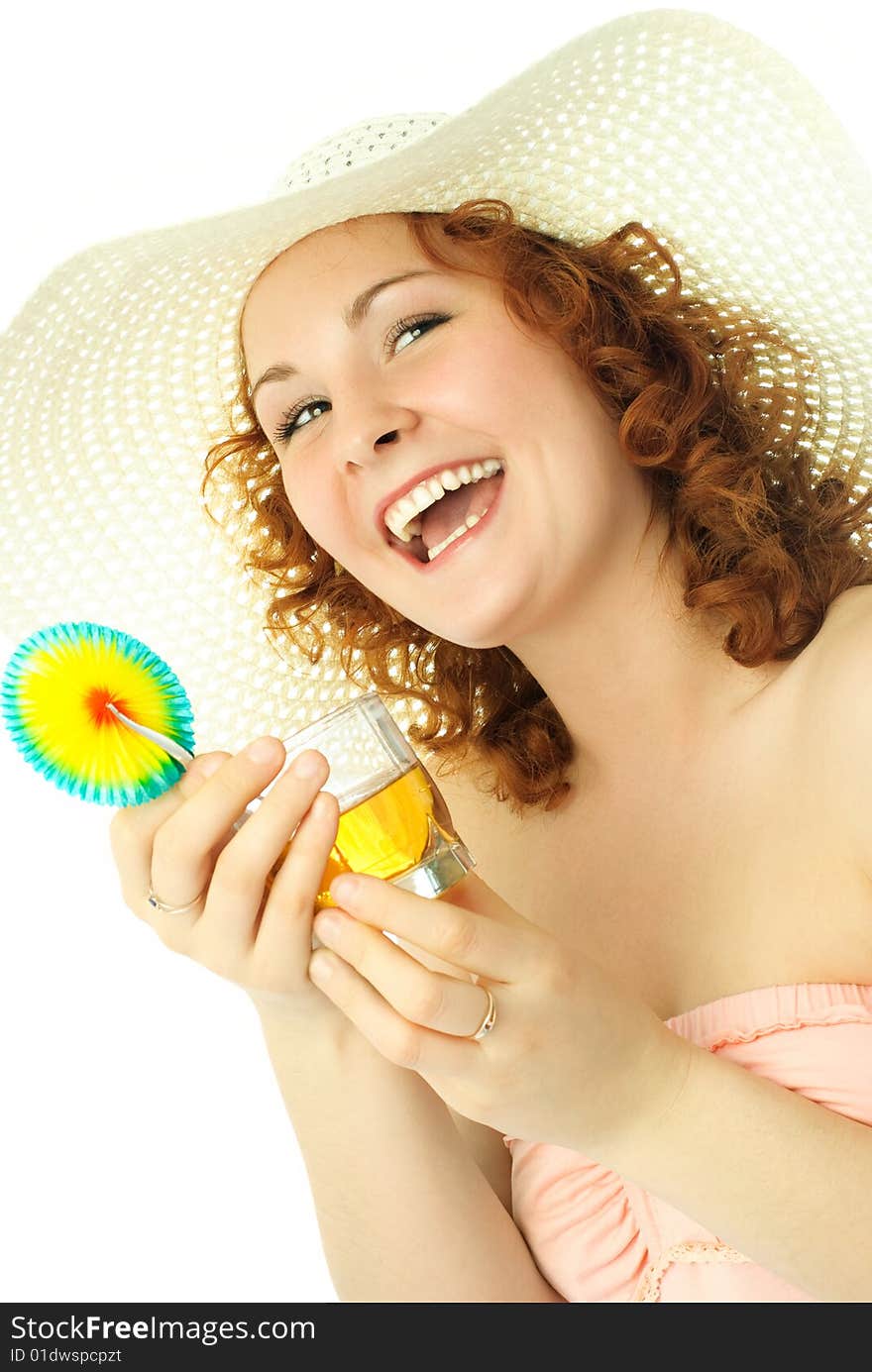 Portrait of a happy young ginger woman on vacation with tropical coctail. Portrait of a happy young ginger woman on vacation with tropical coctail