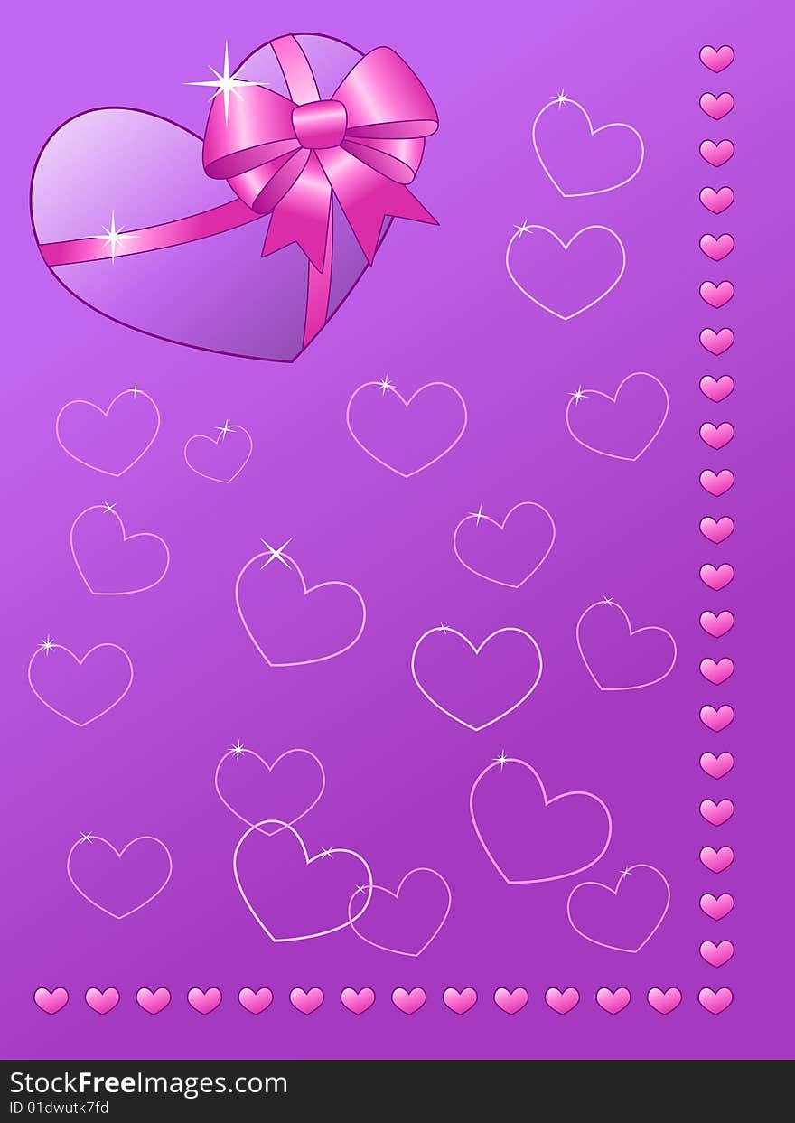 Pink and violet Valentine background with a wrapped big heart and sparkling hearts. Pink and violet Valentine background with a wrapped big heart and sparkling hearts