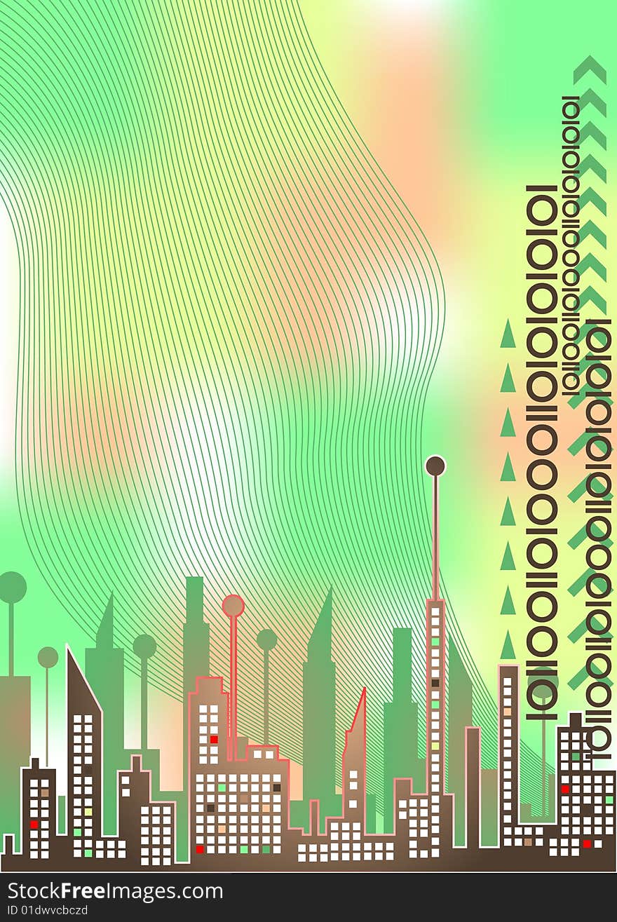 Colorful city landscape with wave and digital numbers. Colorful city landscape with wave and digital numbers