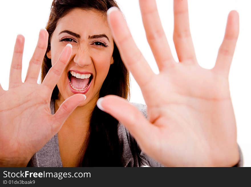 Woman showing palms to camera