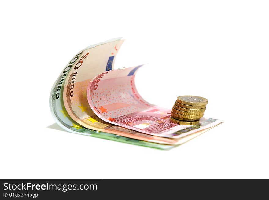 Money - three euro banknotes and coins on a white background