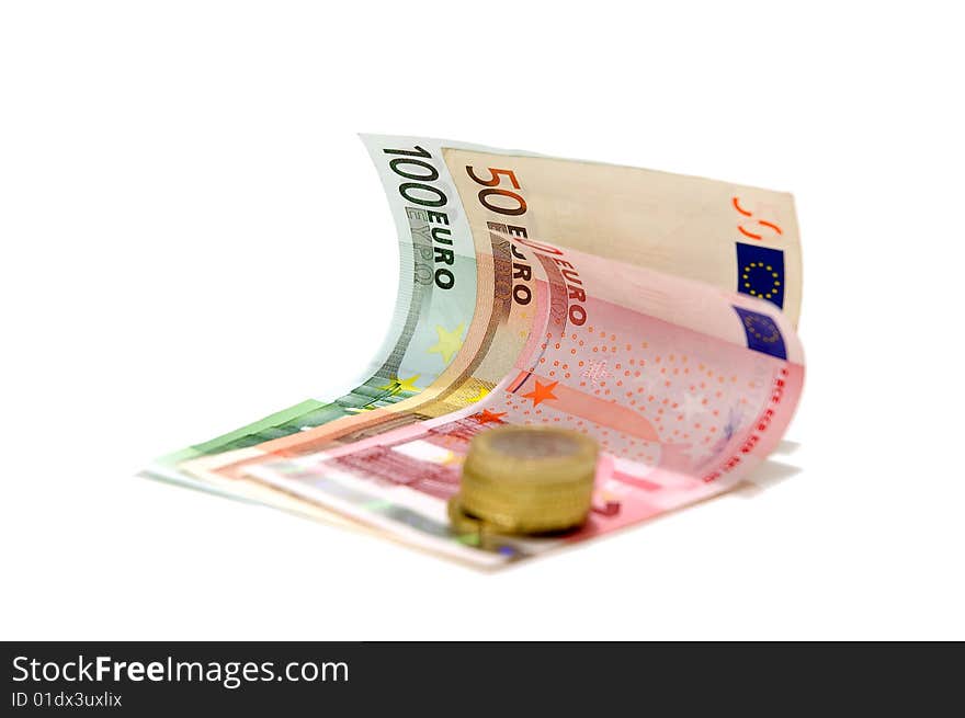 Money - three euro banknotes and coins on a white background