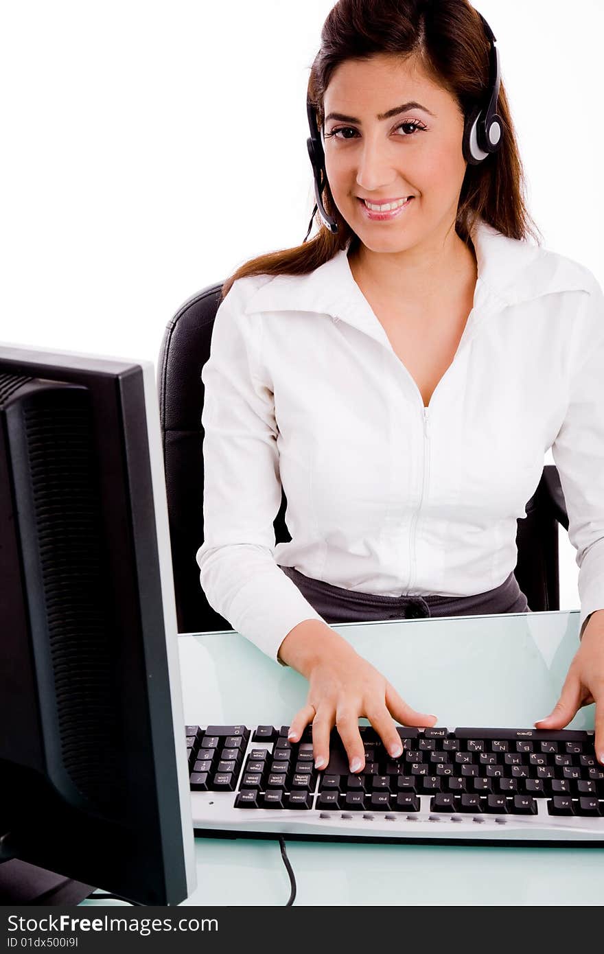 Front view of young telecaller in office with white background