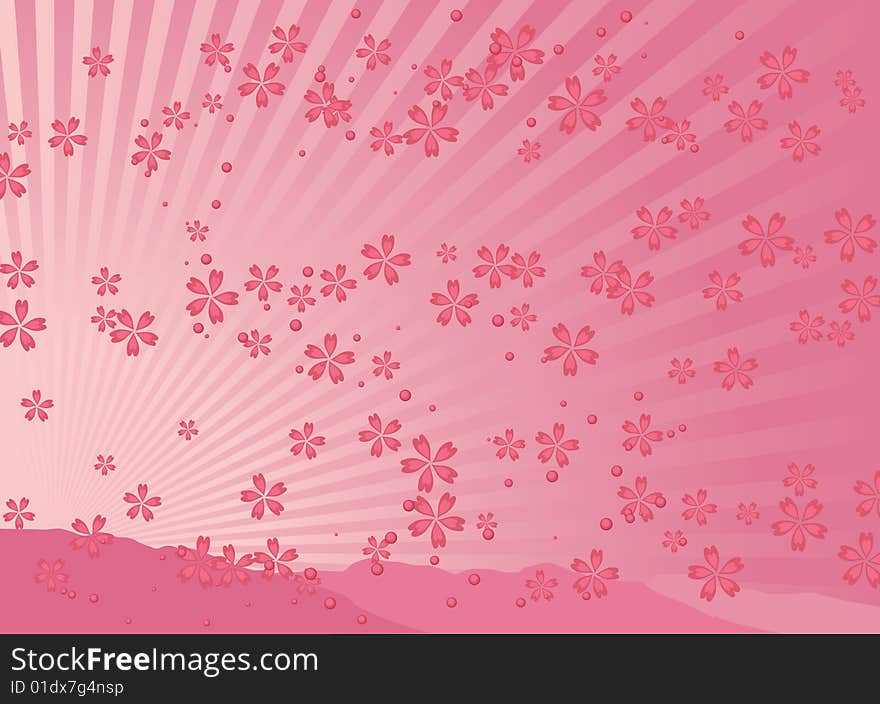 Spring background with cherry flowers and bubbles