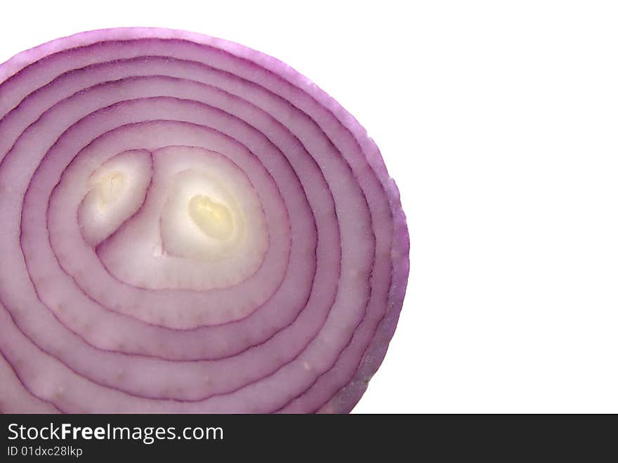 Close up on a red onion with a white background.