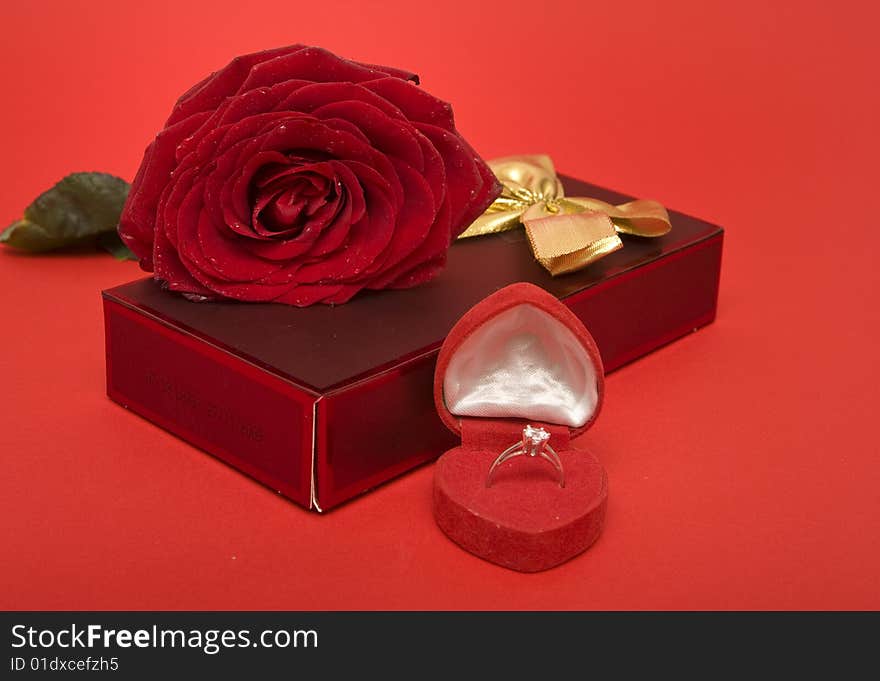 Valentine's Day symbols, rose, ring and gift