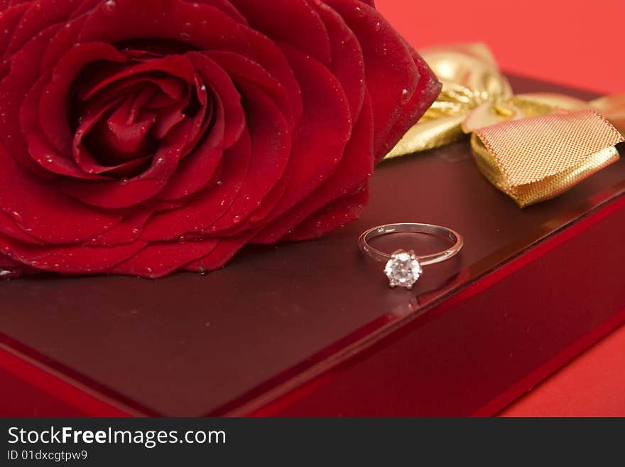 Valentine's Day symbols, rose, ring and gift