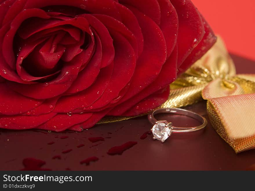 Valentine's Day symbols, rose, ring and gift