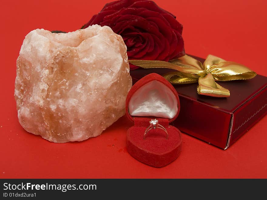 Valentine's Day symbols, rose, ring and gift