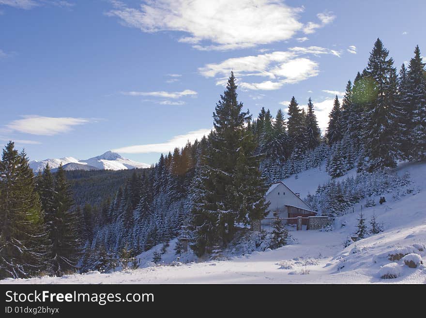 Winter landscape, mountains and trees