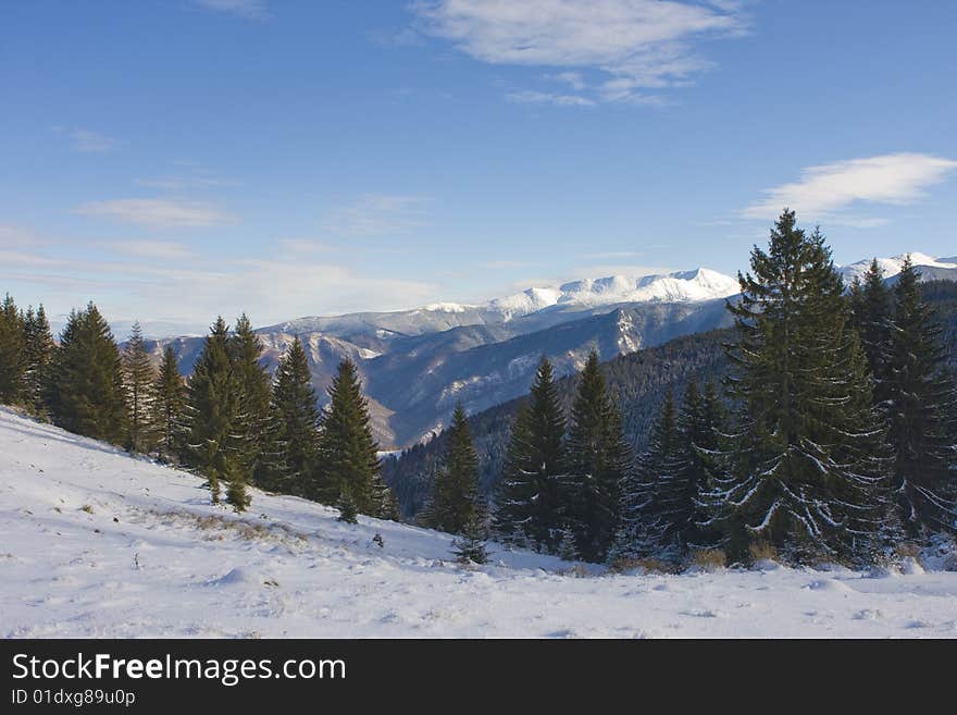 Winter landscape, mountains and trees