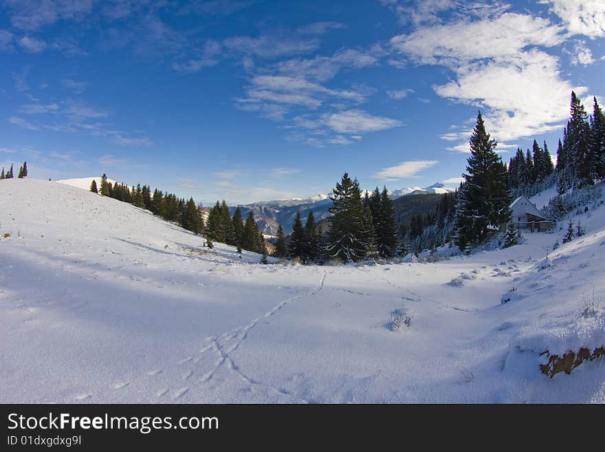 Winter landscape, mountains and trees