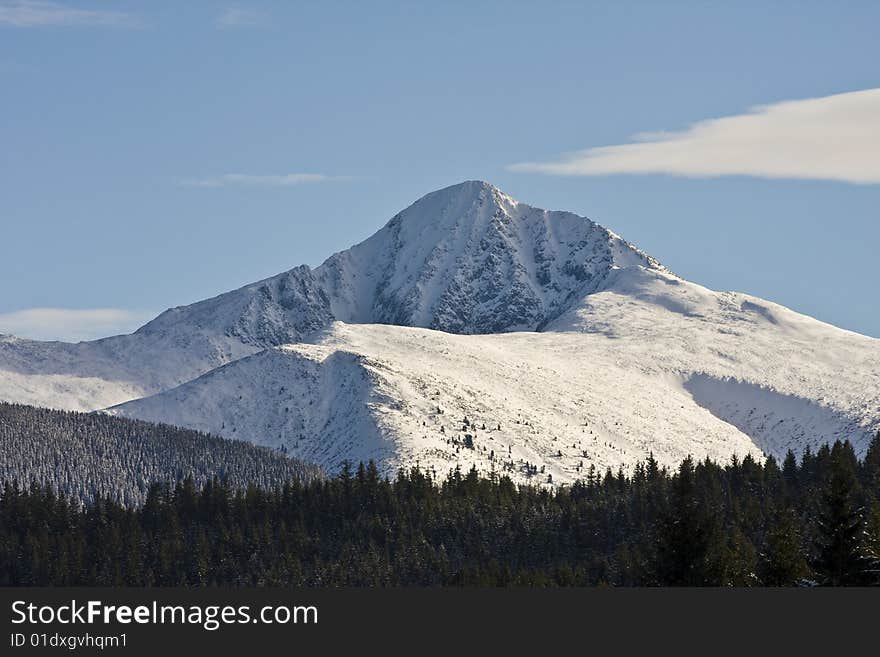 Winter landscape, mountains and trees