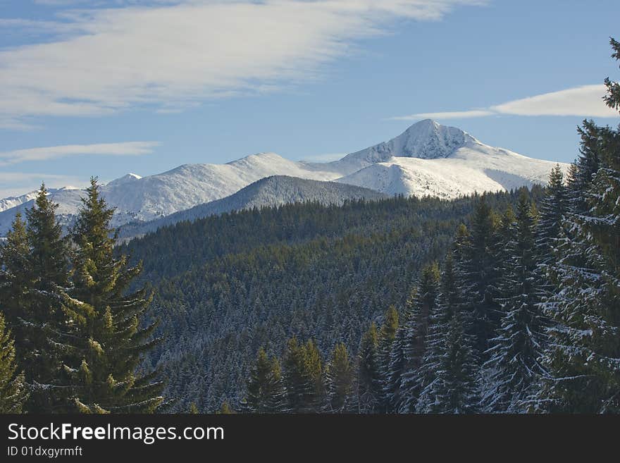 Winter landscape, mountains and trees