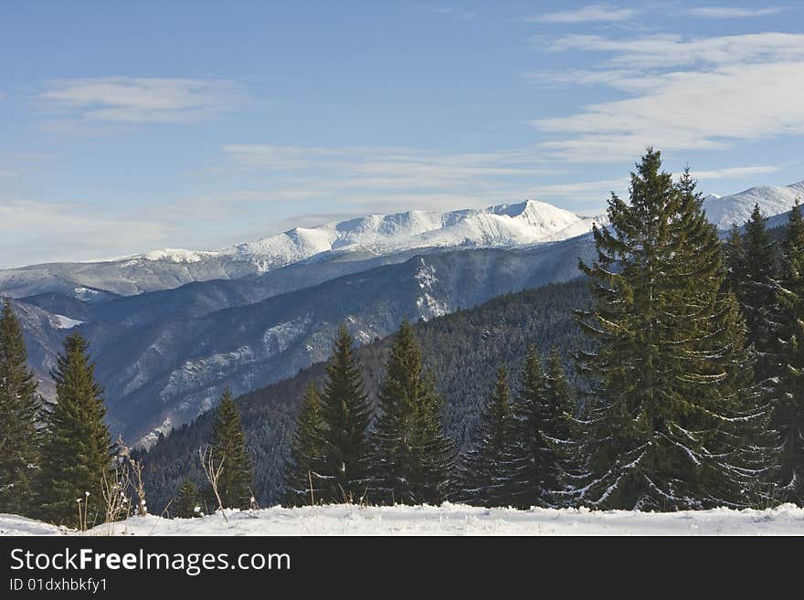 Winter landscape, mountains and trees