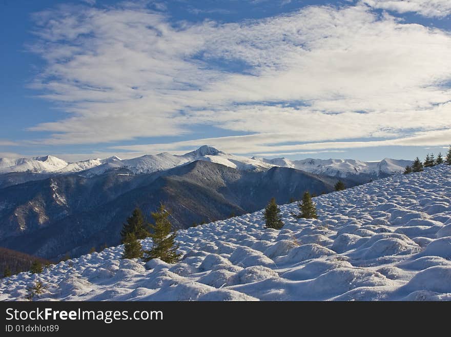 Winter landscape, mountains and trees