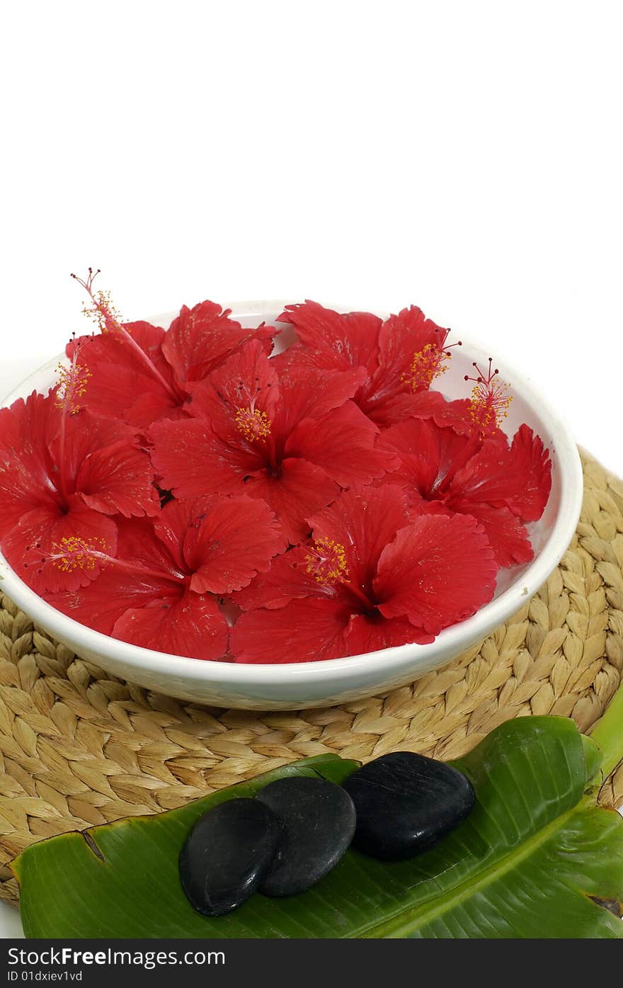 Red flowers in vase with stones. Red flowers in vase with stones