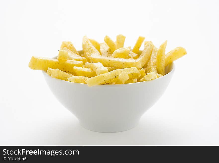 Bowl of homemade chips isolation on a white background