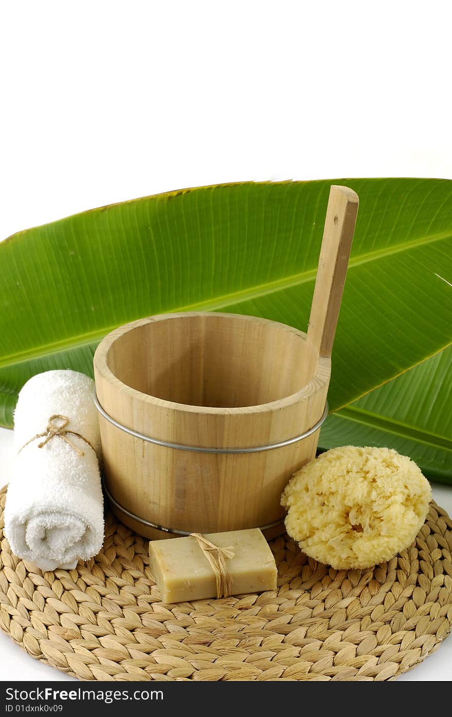 Bath accessories with leaf on the mat. Bath accessories with leaf on the mat