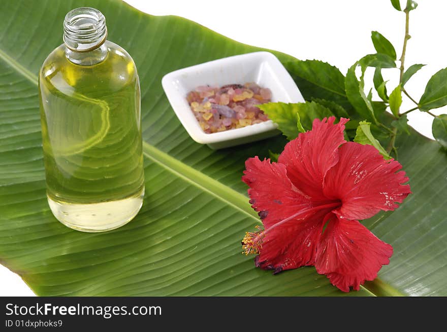 Bath accessories with leaf on the mat. Bath accessories with leaf on the mat