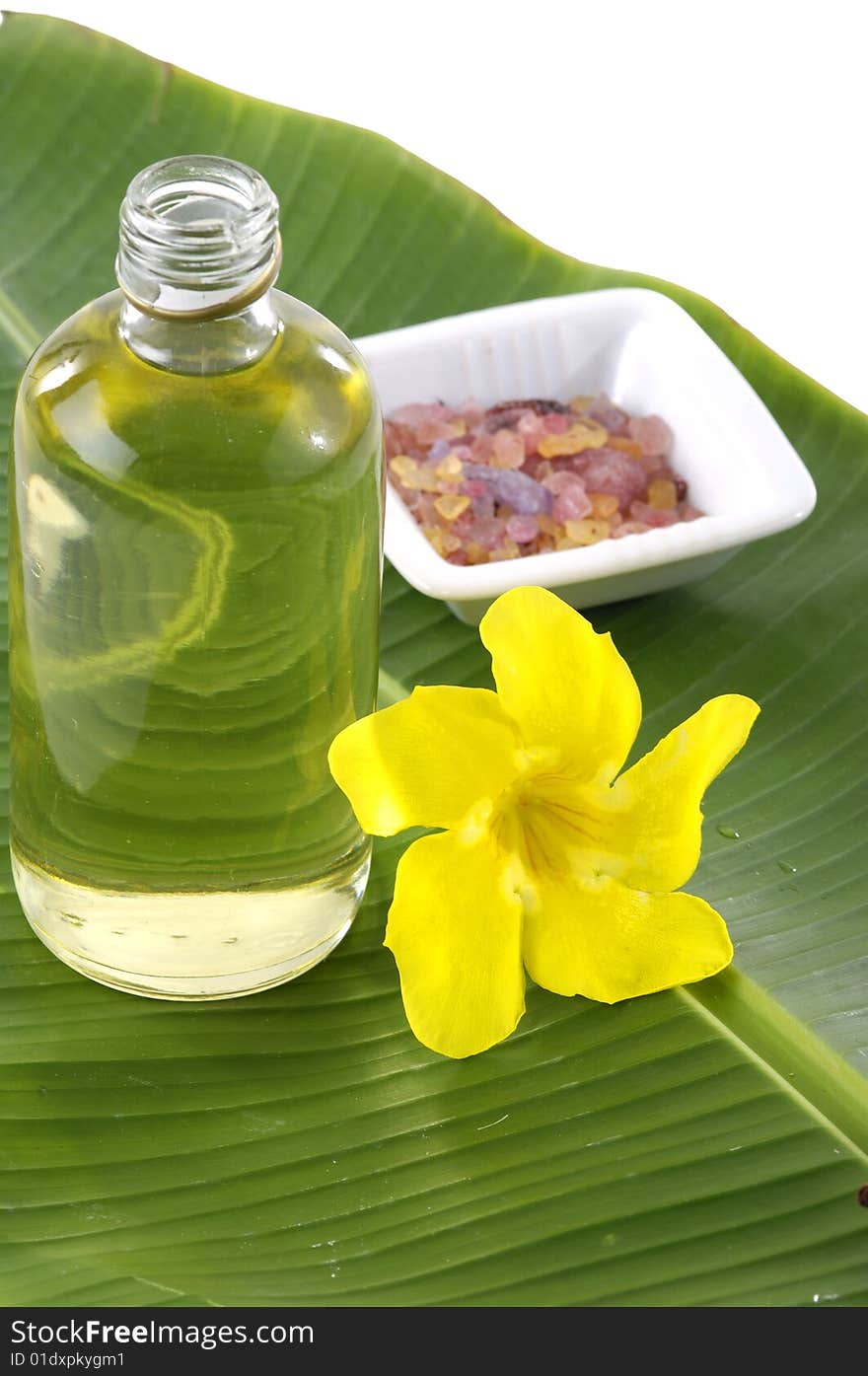 Bath accessories with leaf on the mat. Bath accessories with leaf on the mat