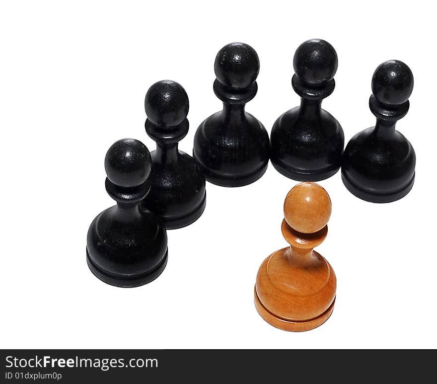 Superiority concept. Chess figures bishops. Isolated on a white background. Studio work.