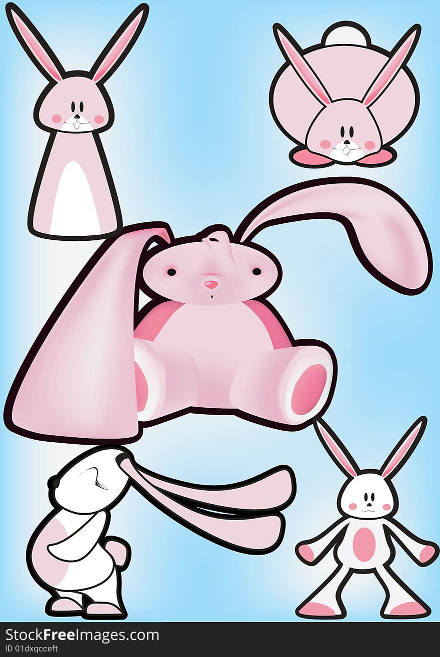 Five pink cute bunnies set