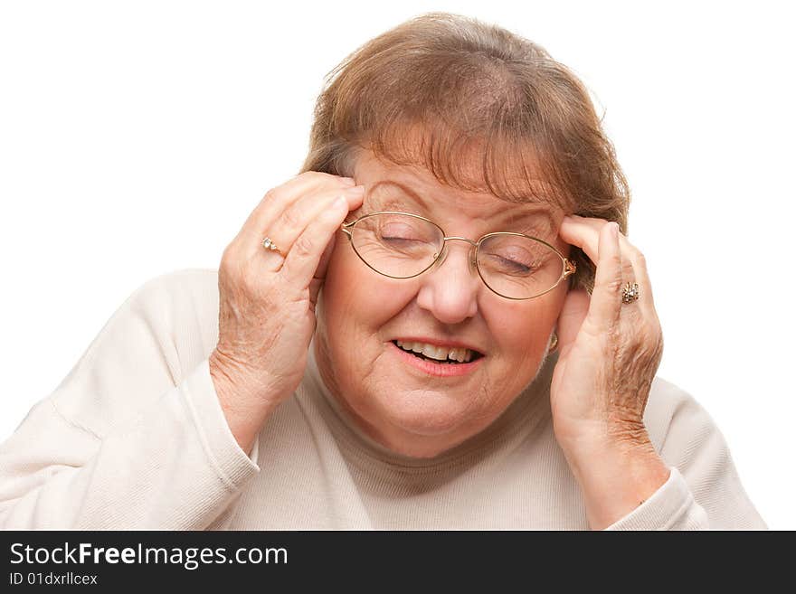 Senior Woman with Aching Head Isolated on a White Background.