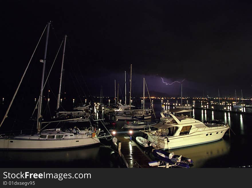 Flash at night storm in mediteranian yacht-club. Flash at night storm in mediteranian yacht-club