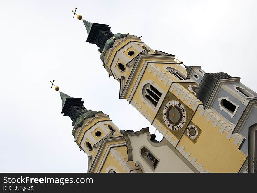 The two belltowers of the cathedral in Bressanone. The two belltowers of the cathedral in Bressanone